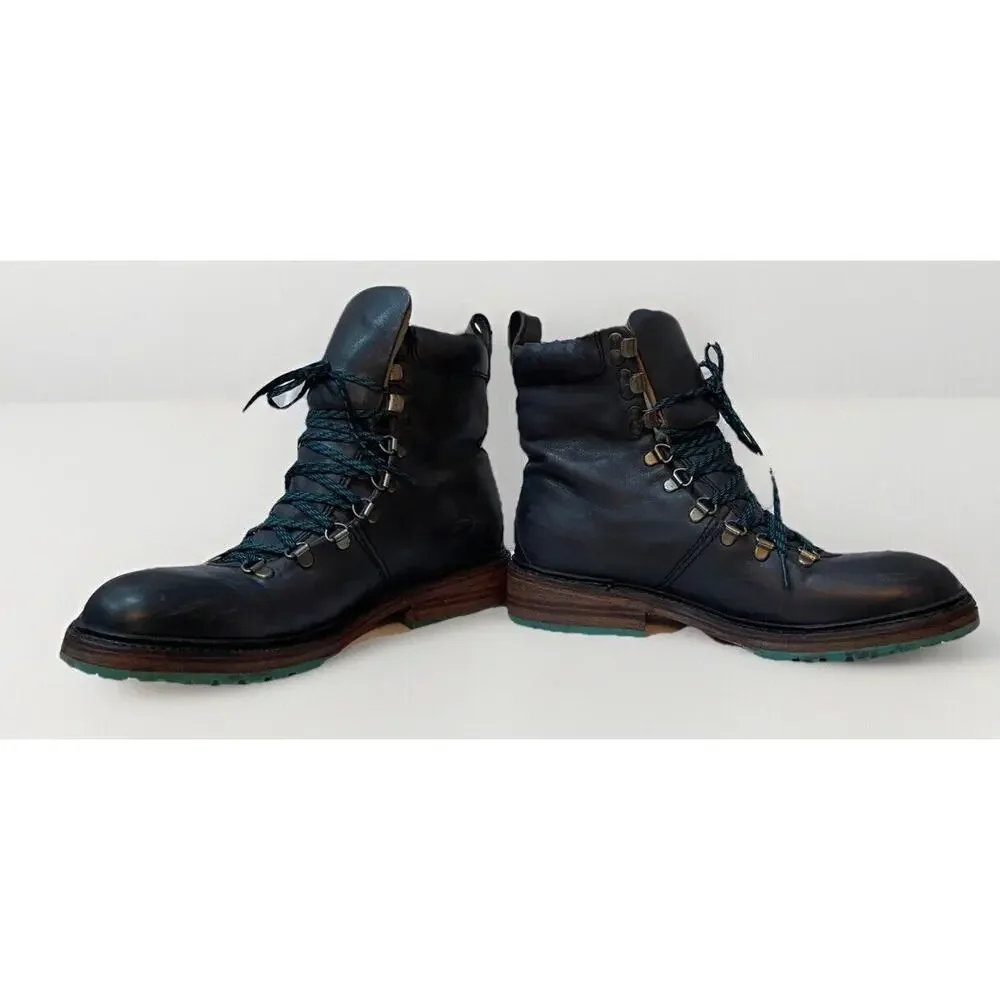 John Fluevog Montaigne Blue Leather Hiking Boots Mens 8 Womens 10 Lace Up